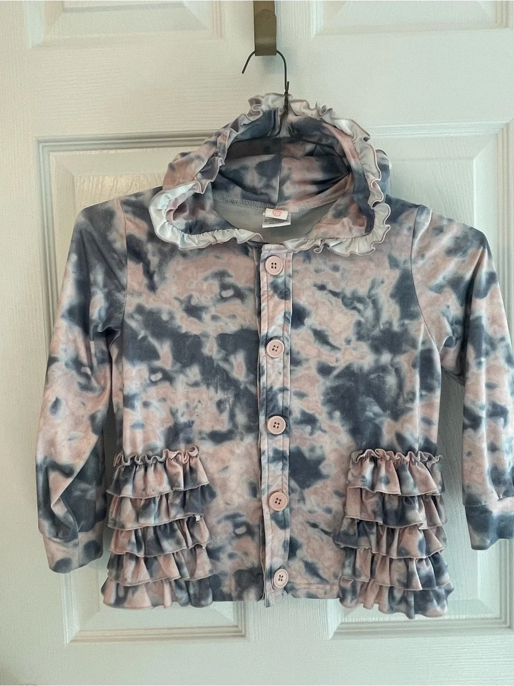 Girls' Pink & Gray Tie-Dye Ruffle Hooded Cardigan